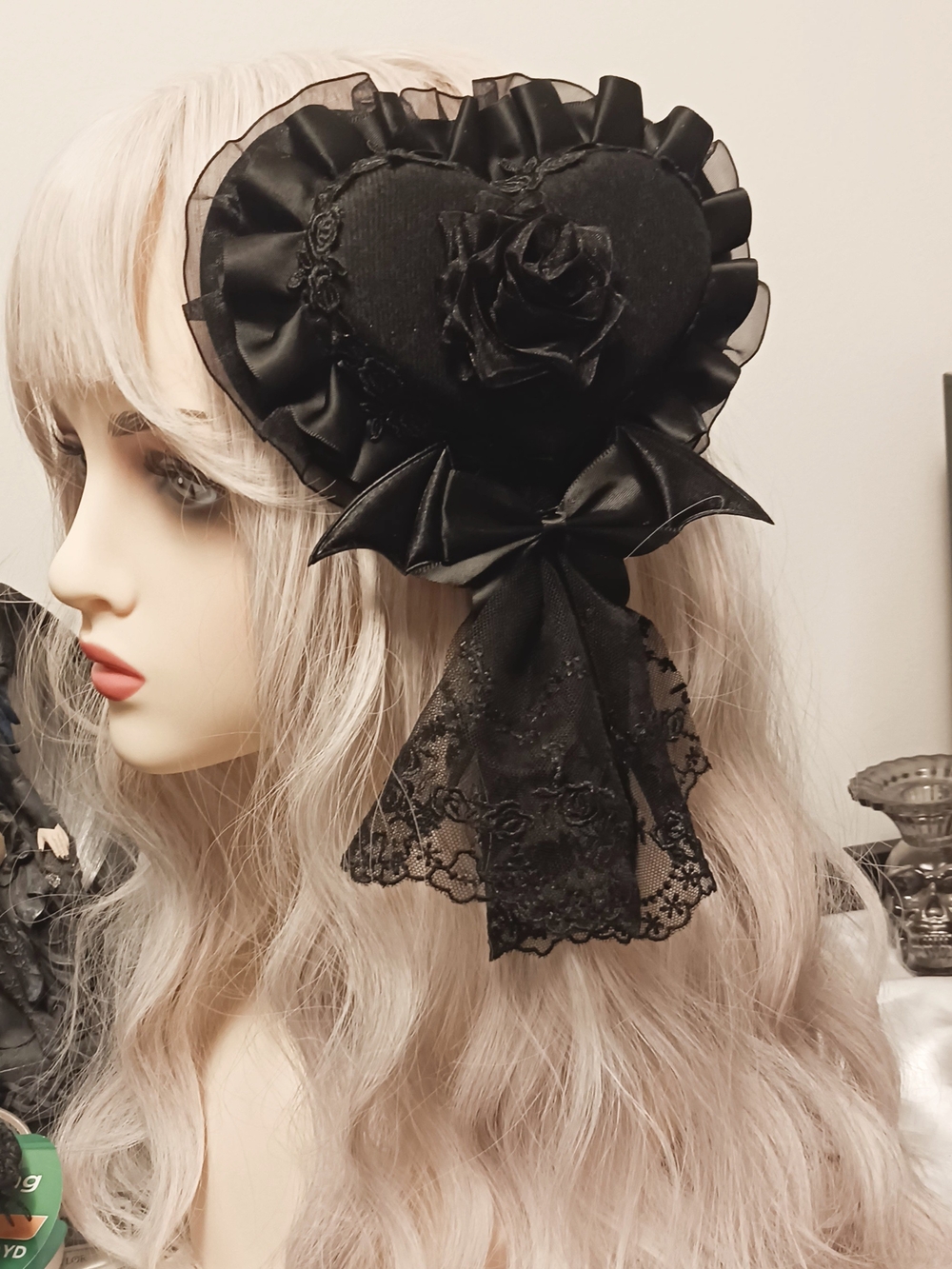 Black Heart Lace Gothic Lolita Bow Headpiece